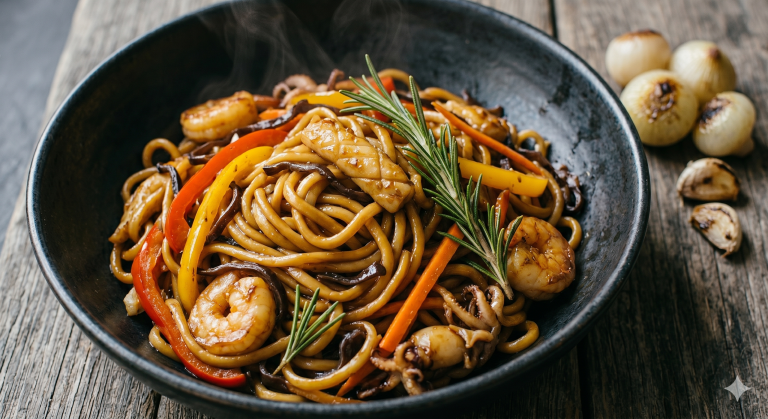 Wok de Noodles con Sepia, Gambas y Setas al Estilo Asiático