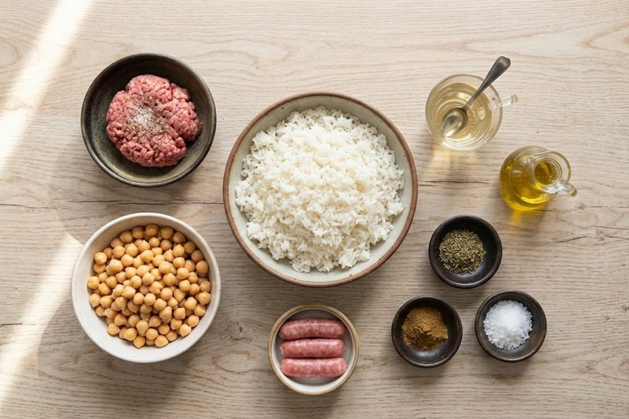 Arroz con Garbanzos, Carne Picada y Longaniza al Comino