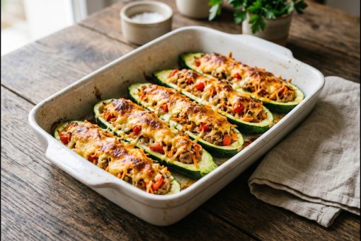 Calabacines Rellenos de Atún al Horno con Gratinado de Cheddar