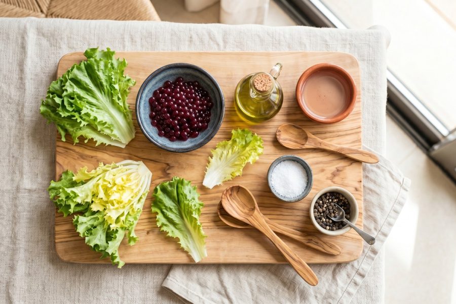 Ensalada de Escarola con Perlas de Vino Tinto y Vinagreta Suave