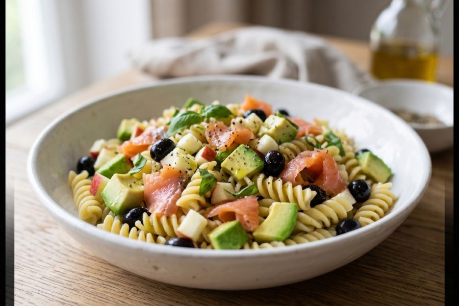 Ensalada de pasta con aguacate, salmon ahumado y manzana crujiente