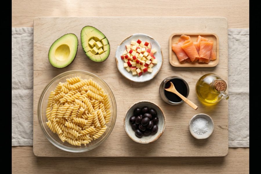 Ensalada de pasta con aguacate, salmon ahumado y manzana crujiente