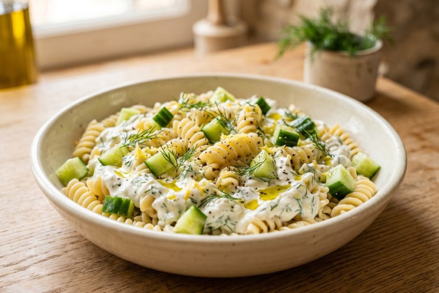 Ensalada de Pasta con Salsa Fría de Yogur, Eneldo y Limón
