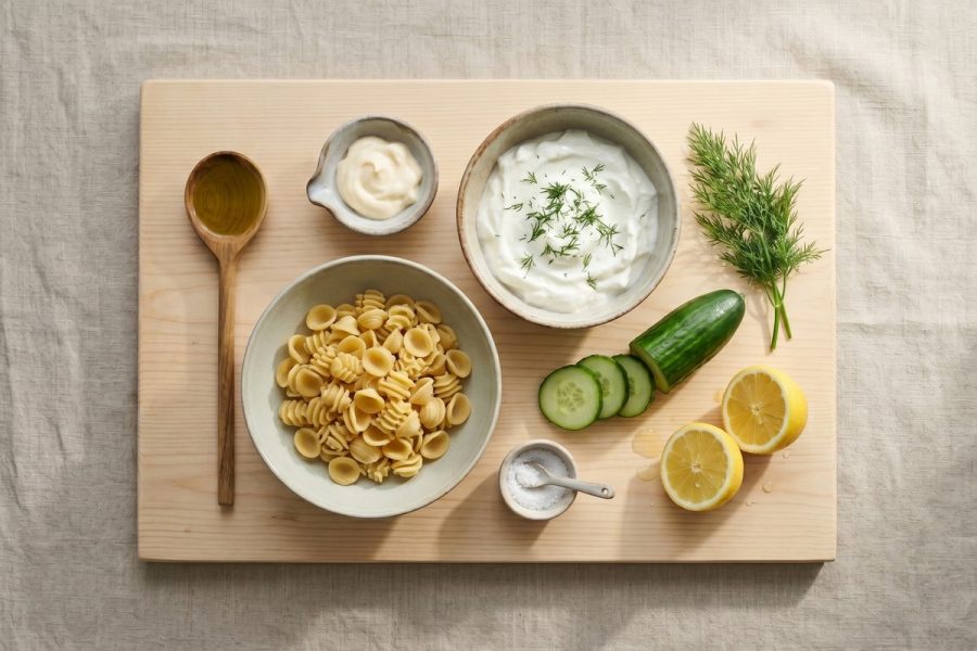 Ensalada de Pasta con Salsa Fría de Yogur, Eneldo y Limón