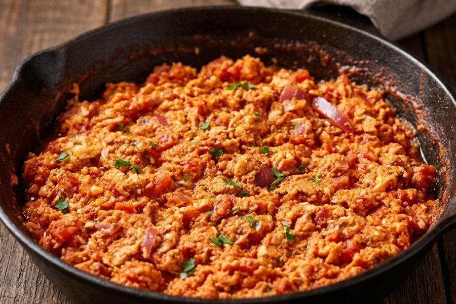 Huevos con Tomate con Sofrito Lento de Cebolla y Ajo