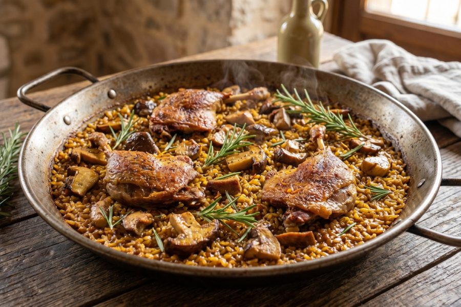 Paella de Pato Confitado y Boletus al Romero