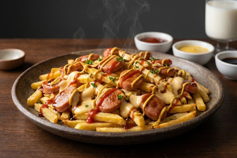 Salchipapas Caseras con Salsa de Queso Suave