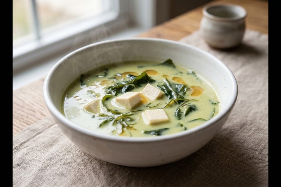 Sopa de miso con aguacate, tofu y wakame