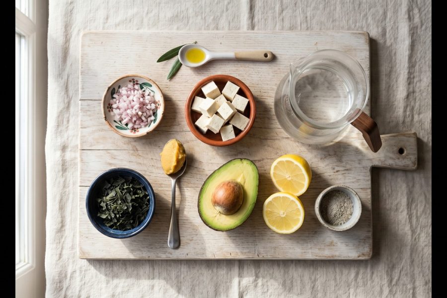 Sopa de miso con aguacate, tofu y wakame