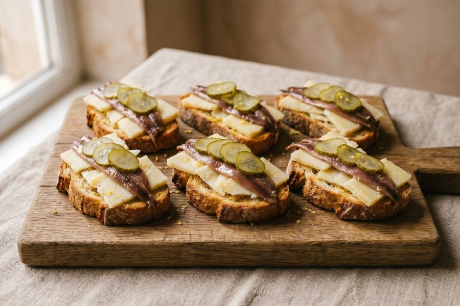 Tosta de anchoa, queso curado y pepinillo crujiente