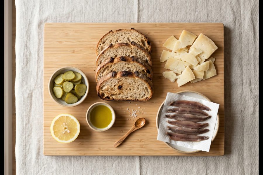 Tosta de anchoa, queso curado y pepinillo crujiente
