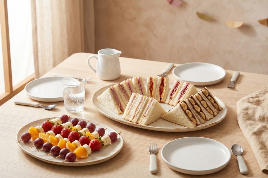 Triangulos de Pan de Molde y Brochetas de Fruta para Cumpleanos
