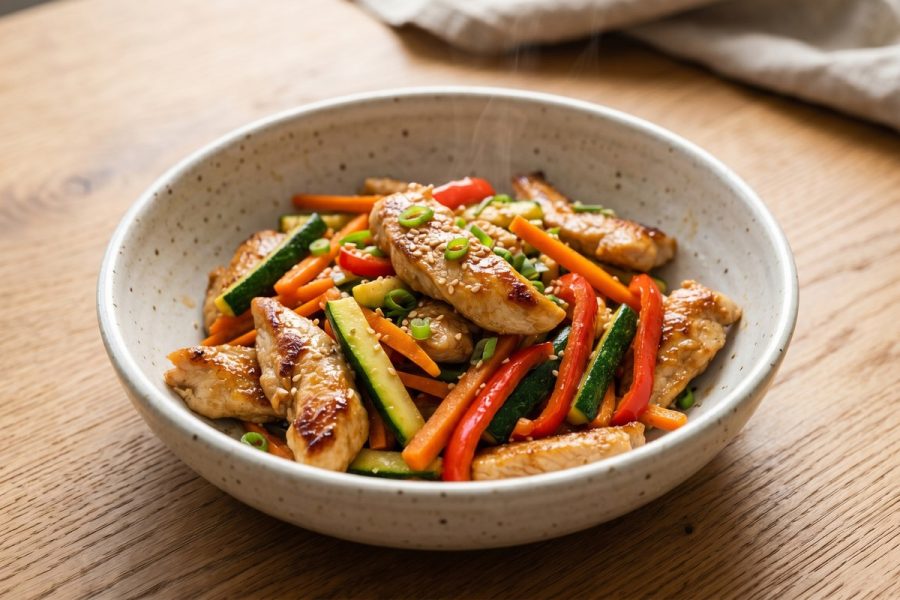 Wok de Pollo Dorado con Verduras Crujientes y Soja Ligera